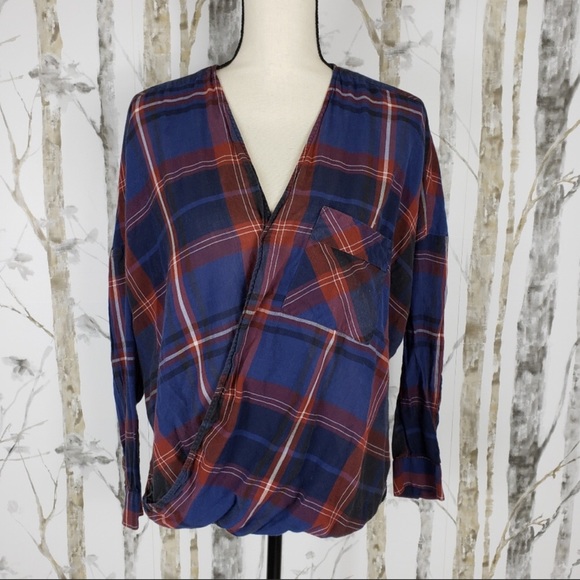 Zara Tops - ZARA High Low Blue Red Plaid Faux Wrap Blouse